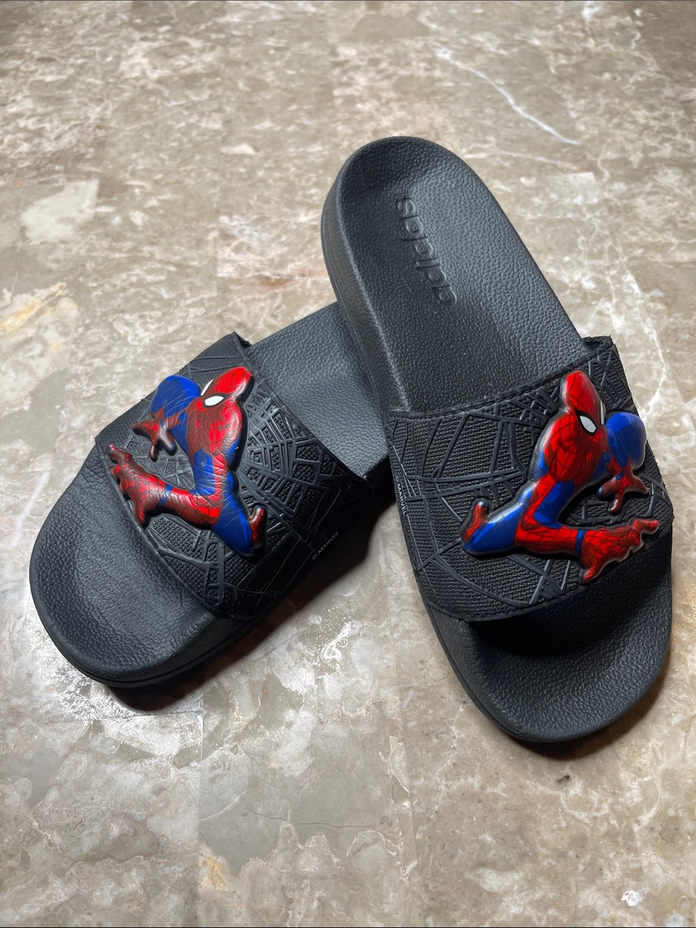 adidas Black Kids Spider-Man Slide Sandals with Red & Blue Accents